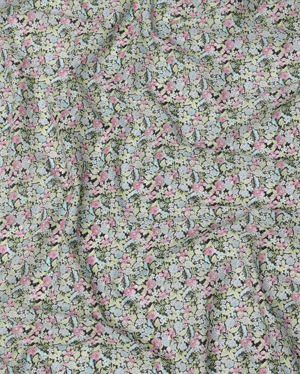 Pistachio Green Cotton Lawn Fabric with Pink and Blue Rose Print, 110 Cms Width, Made in Japan-D24191