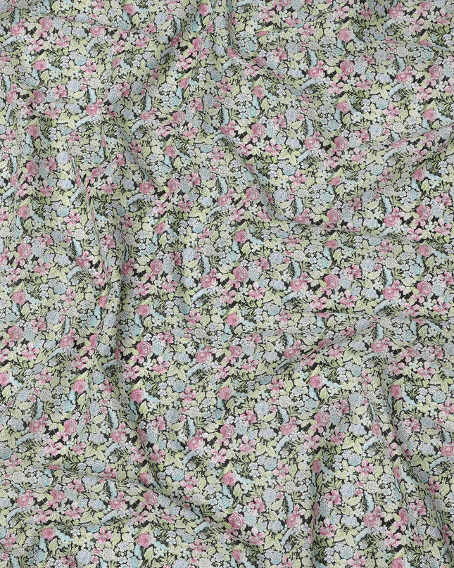 Pistachio Green Cotton Lawn Fabric with Pink and Blue Rose Print, 110 Cms Width, Made in Japan-D24191