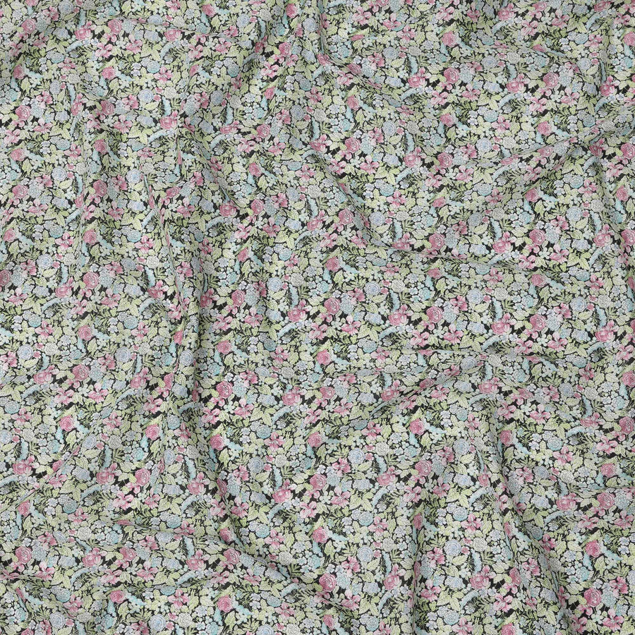 Pistachio Green Cotton Lawn Fabric with Pink and Blue Rose Print, 110 Cms Width, Made in Japan-D24191