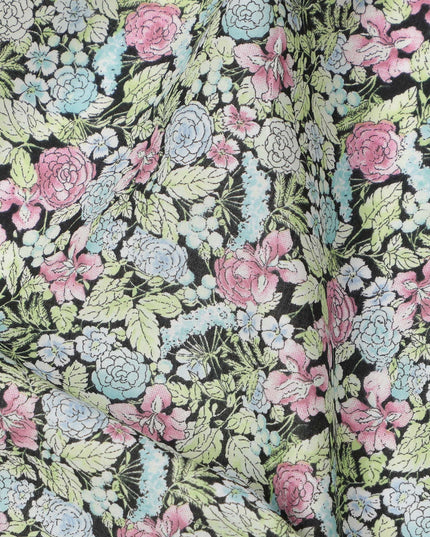 Pistachio Green Cotton Lawn Fabric with Pink and Blue Rose Print, 110 Cms Width, Made in Japan-D24191
