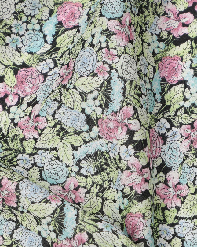 Pistachio Green Cotton Lawn Fabric with Pink and Blue Rose Print, 110 Cms Width, Made in Japan-D24191
