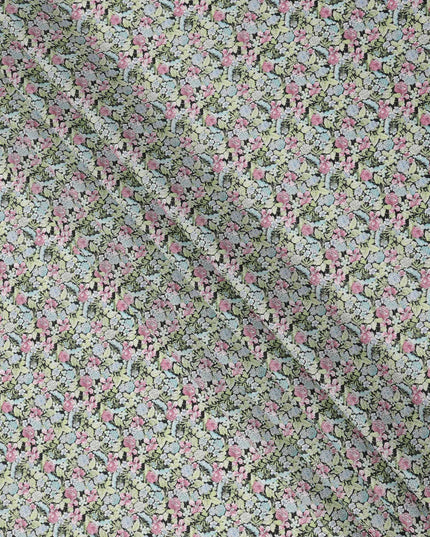 Pistachio Green Cotton Lawn Fabric with Pink and Blue Rose Print, 110 Cms Width, Made in Japan-D24191