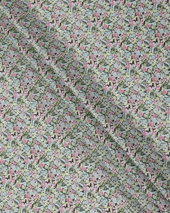 Pistachio Green Cotton Lawn Fabric with Pink and Blue Rose Print, 110 Cms Width, Made in Japan-D24191