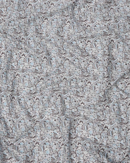 Dusty Grey Cotton Lawn Fabric with Blue and White Floral Print, 110 Cms Width, Made in Japan-D24192