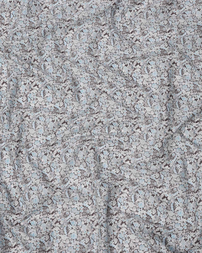 Dusty Grey Cotton Lawn Fabric with Blue and White Floral Print, 110 Cms Width, Made in Japan-D24192