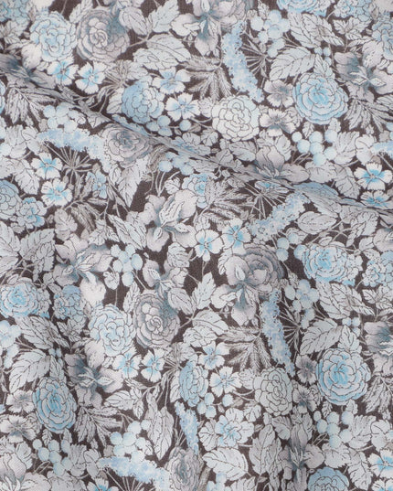 Dusty Grey Cotton Lawn Fabric with Blue and White Floral Print, 110 Cms Width, Made in Japan-D24192