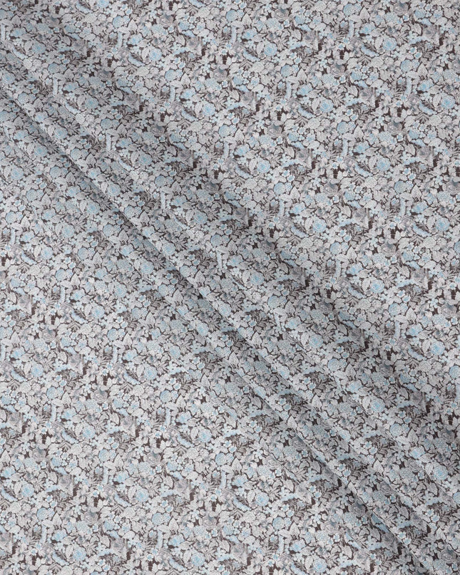 Dusty Grey Cotton Lawn Fabric with Blue and White Floral Print, 110 Cms Width, Made in Japan-D24192