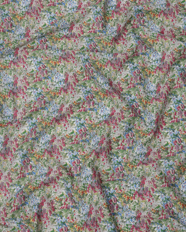 Multicolor Floral on Light Olive Cotton Lawn Fabric, 110 Cms Width, Made in Japan-D24193