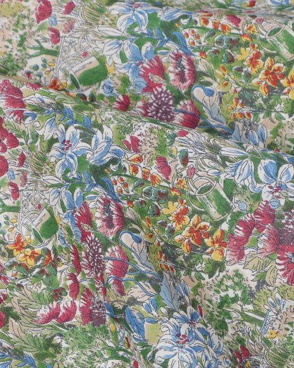Multicolor Floral on Light Olive Cotton Lawn Fabric, 110 Cms Width, Made in Japan-D24193
