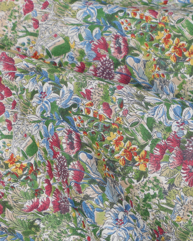 Multicolor Floral on Light Olive Cotton Lawn Fabric, 110 Cms Width, Made in Japan-D24193