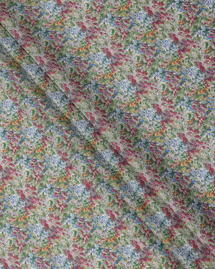 Multicolor Floral on Light Olive Cotton Lawn Fabric, 110 Cms Width, Made in Japan-D24193