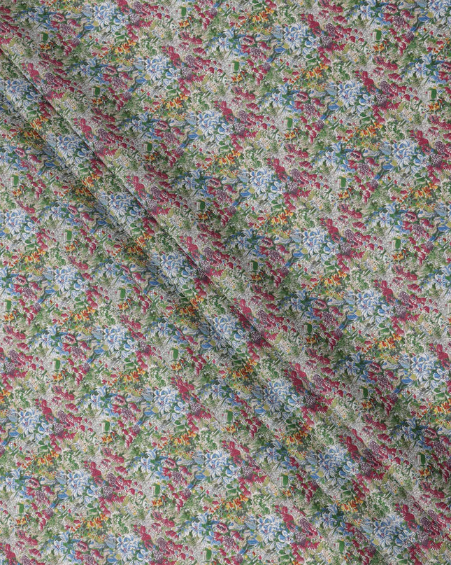 Multicolor Floral on Light Olive Cotton Lawn Fabric, 110 Cms Width, Made in Japan-D24193