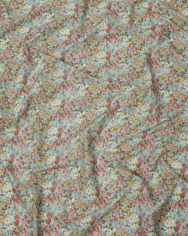 Aqua Blue Cotton Lawn Fabric with Multicolor Floral Print, 110 Cms Width, Made in Japan-D24194
