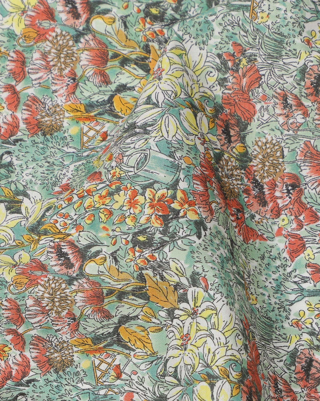 Aqua Blue Cotton Lawn Fabric with Multicolor Floral Print, 110 Cms Width, Made in Japan-D24194