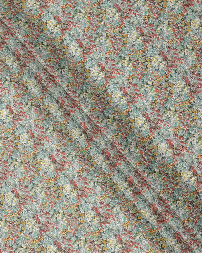 Aqua Blue Cotton Lawn Fabric with Multicolor Floral Print, 110 Cms Width, Made in Japan-D24194