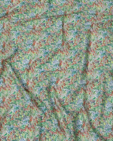 Leaf Green Cotton Lawn Fabric with Multicolor Floral Print, 110 Cms Width, Made in Japan-D24195