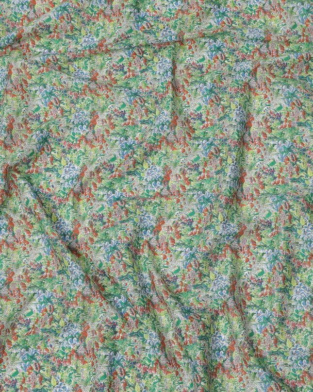 Leaf Green Cotton Lawn Fabric with Multicolor Floral Print, 110 Cms Width, Made in Japan-D24195