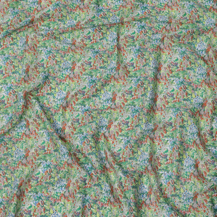 Leaf Green Cotton Lawn Fabric with Multicolor Floral Print, 110 Cms Width, Made in Japan-D24195