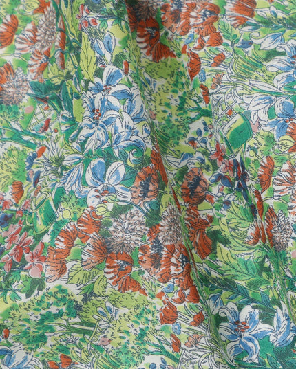Leaf Green Cotton Lawn Fabric with Multicolor Floral Print, 110 Cms Width, Made in Japan-D24195