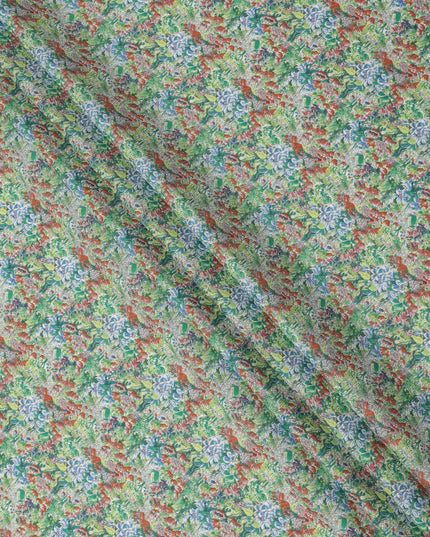 Leaf Green Cotton Lawn Fabric with Multicolor Floral Print, 110 Cms Width, Made in Japan-D24195
