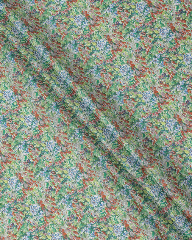 Leaf Green Cotton Lawn Fabric with Multicolor Floral Print, 110 Cms Width, Made in Japan-D24195