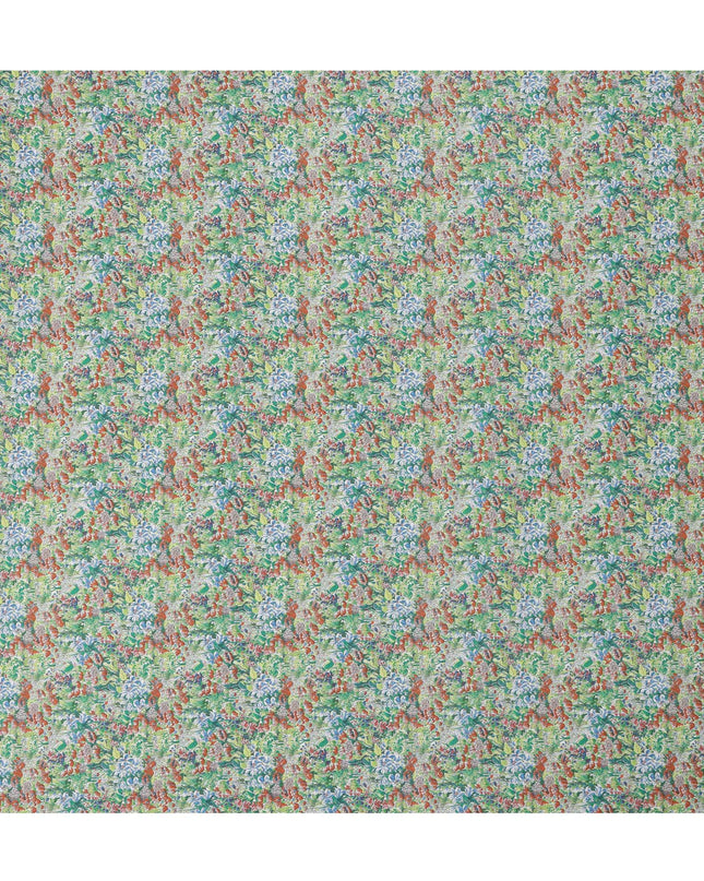 Leaf Green Cotton Lawn Fabric with Multicolor Floral Print, 110 Cms Width, Made in Japan-D24195