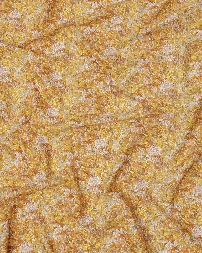Mustard Yellow Cotton Lawn Fabric with Warm Multicolor Floral Print, 110 Cms Width, Made in Japan-D24196