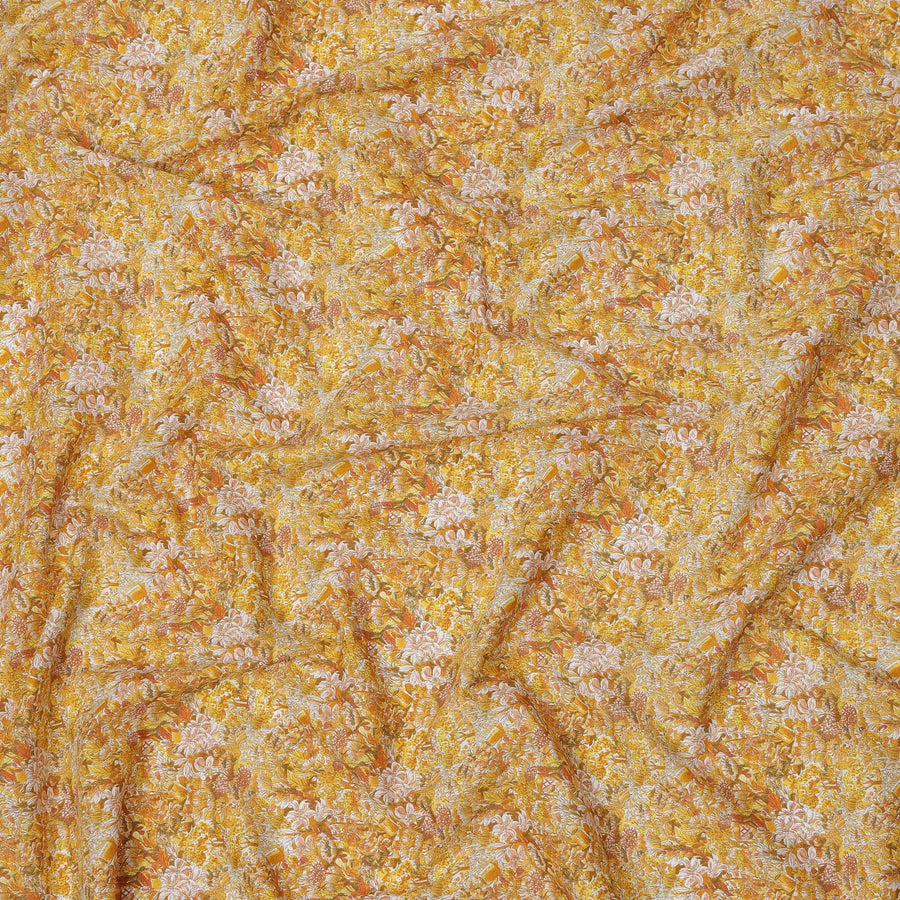 Mustard Yellow Cotton Lawn Fabric with Warm Multicolor Floral Print, 110 Cms Width, Made in Japan-D24196