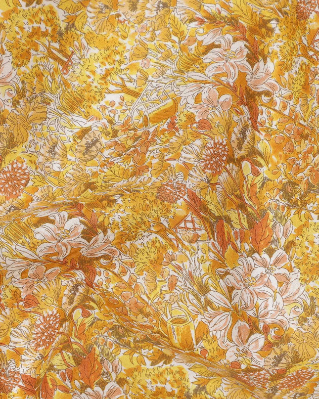 Mustard Yellow Cotton Lawn Fabric with Warm Multicolor Floral Print, 110 Cms Width, Made in Japan-D24196