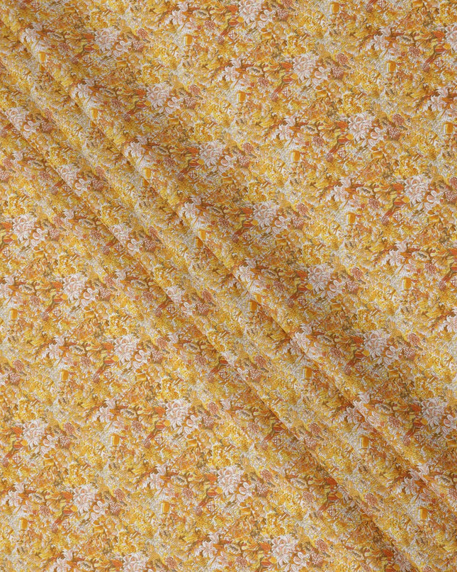 Mustard Yellow Cotton Lawn Fabric with Warm Multicolor Floral Print, 110 Cms Width, Made in Japan-D24196