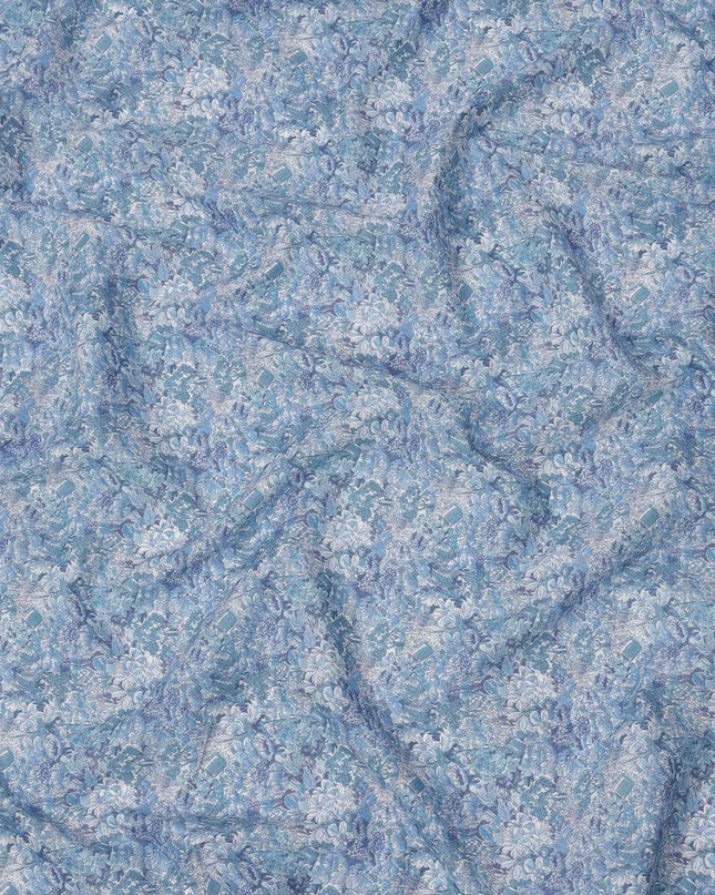 Sky Blue Cotton Lawn Fabric with Tonal Blue and White Floral Print, 110 Cms Width, Made in Japan-D24197