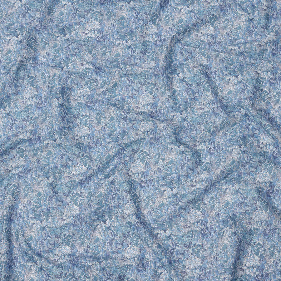 Sky Blue Cotton Lawn Fabric with Tonal Blue and White Floral Print, 110 Cms Width, Made in Japan-D24197