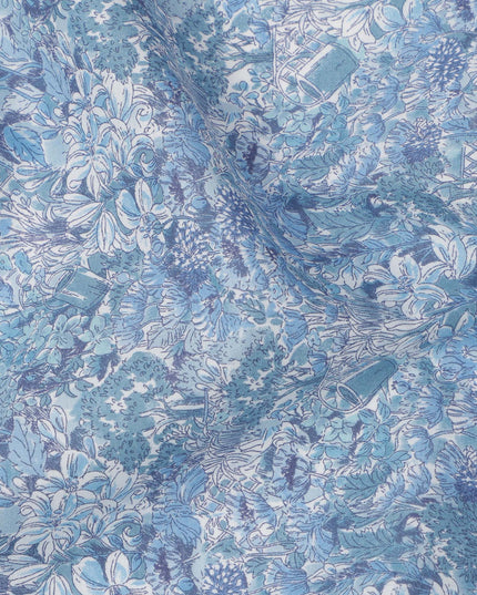 Sky Blue Cotton Lawn Fabric with Tonal Blue and White Floral Print, 110 Cms Width, Made in Japan-D24197