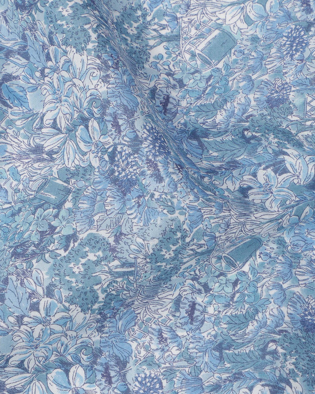 Sky Blue Cotton Lawn Fabric with Tonal Blue and White Floral Print, 110 Cms Width, Made in Japan-D24197