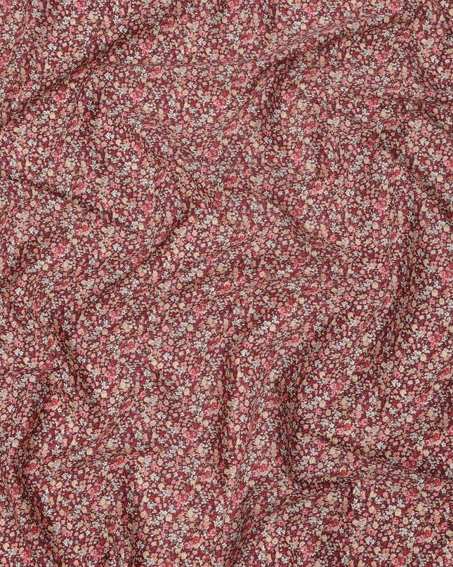 Wine Red Cotton Lawn Fabric with Miniature Multicolor Floral Print, 110 Cms Width, Made in Japan-D24198 - Regal Fabrics