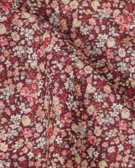 Wine Red Cotton Lawn Fabric with Miniature Multicolor Floral Print, 110 Cms Width, Made in Japan-D24198 - Regal Fabrics