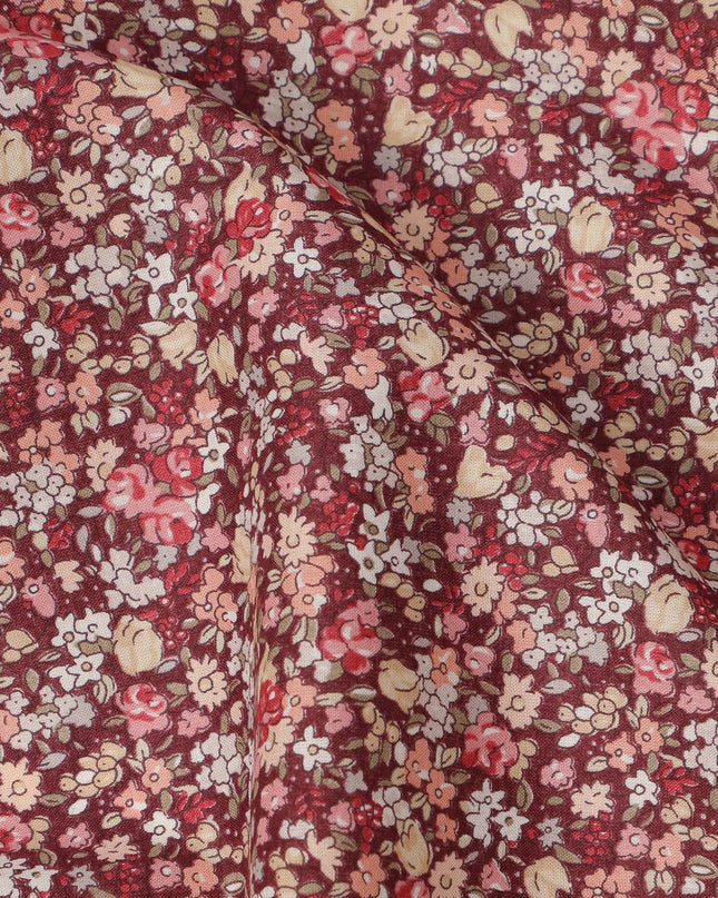 Wine Red Cotton Lawn Fabric with Miniature Multicolor Floral Print, 110 Cms Width, Made in Japan-D24198 - Regal Fabrics