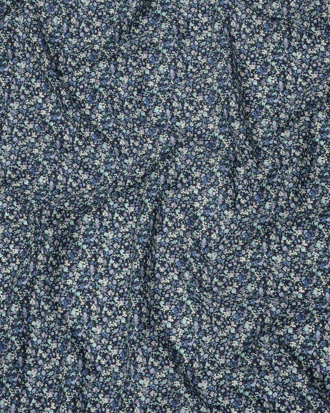 Navy Blue Cotton Lawn Fabric with Soft Blue and White Mini Floral Print, 110 Cms Width, Made in Japan-D24199 - Regal Fabrics