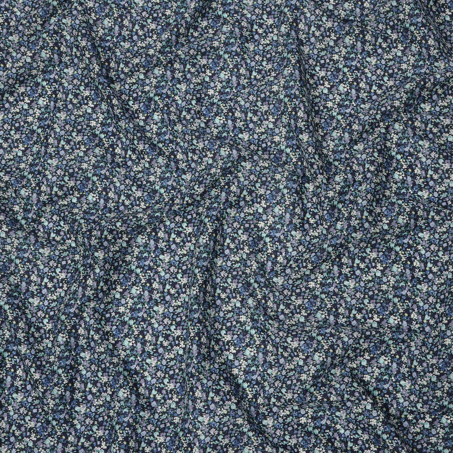 Navy Blue Cotton Lawn Fabric with Soft Blue and White Mini Floral Print, 110 Cms Width, Made in Japan-D24199 - Regal Fabrics