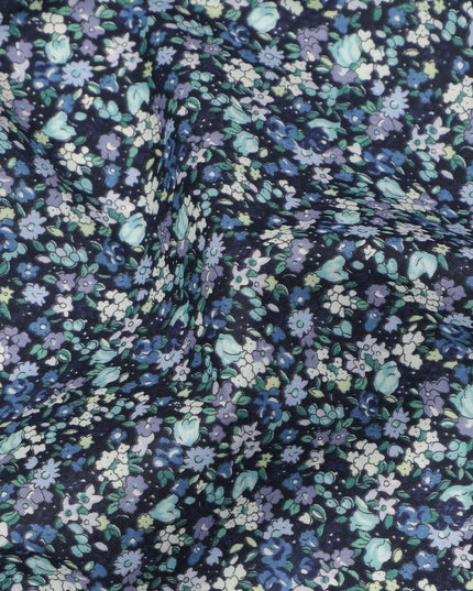 Navy Blue Cotton Lawn Fabric with Soft Blue and White Mini Floral Print, 110 Cms Width, Made in Japan-D24199 - Regal Fabrics