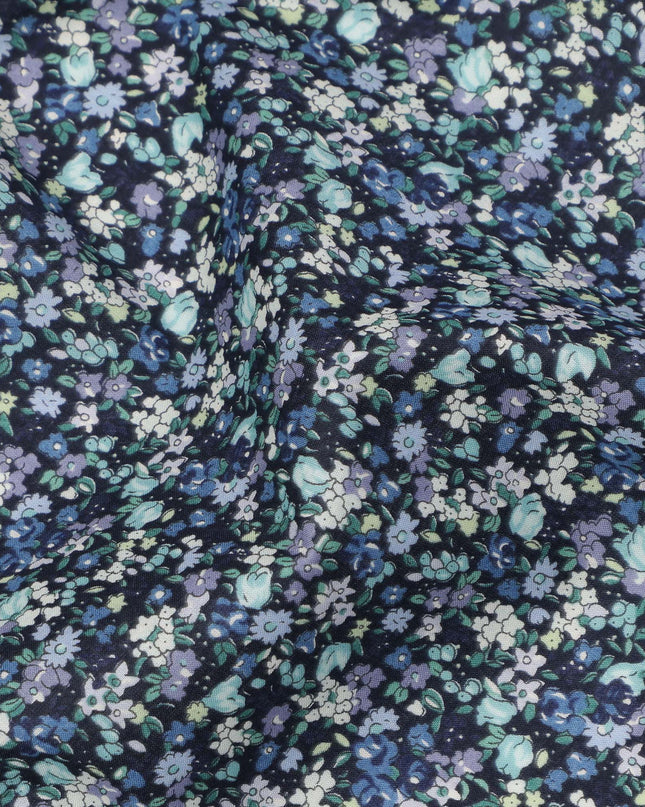 Navy Blue Cotton Lawn Fabric with Soft Blue and White Mini Floral Print, 110 Cms Width, Made in Japan-D24199 - Regal Fabrics