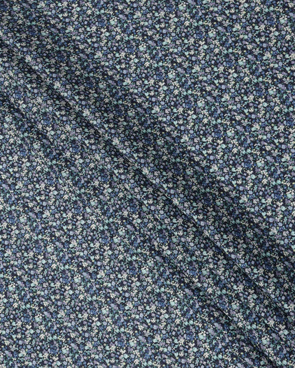 Navy Blue Cotton Lawn Fabric with Soft Blue and White Mini Floral Print, 110 Cms Width, Made in Japan-D24199 - Regal Fabrics