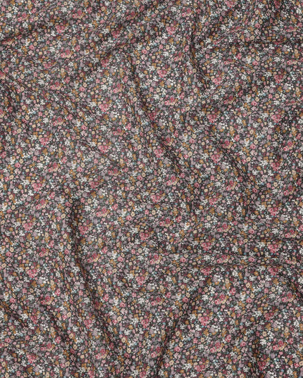 Charcoal Grey Cotton Lawn Fabric with Multicolor Mini Floral Print, 110 Cms Width, Made in Japan-D24201
