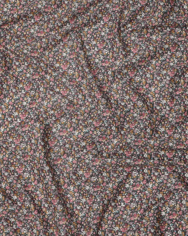 Charcoal Grey Cotton Lawn Fabric with Multicolor Mini Floral Print, 110 Cms Width, Made in Japan-D24201