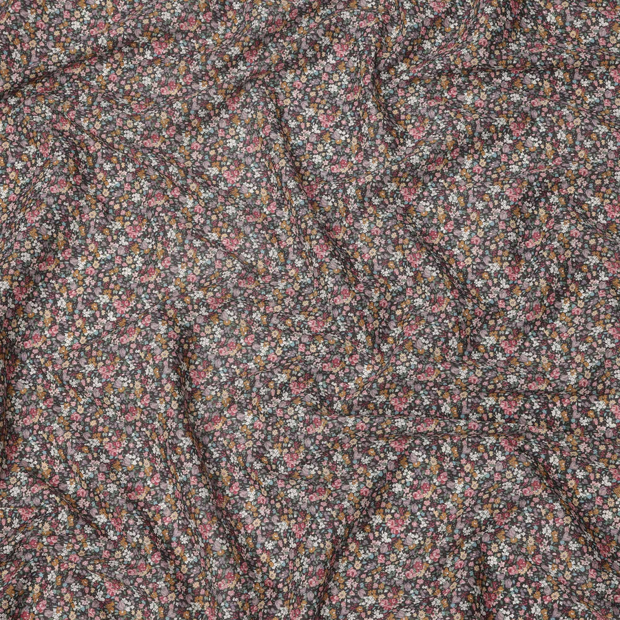 Charcoal Grey Cotton Lawn Fabric with Multicolor Mini Floral Print, 110 Cms Width, Made in Japan-D24201