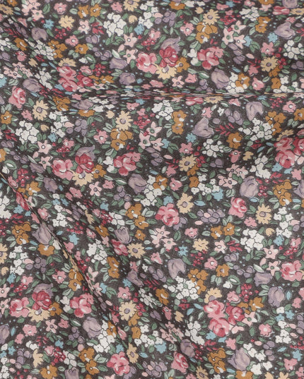 Charcoal Grey Cotton Lawn Fabric with Multicolor Mini Floral Print, 110 Cms Width, Made in Japan-D24201