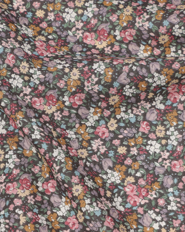 Charcoal Grey Cotton Lawn Fabric with Multicolor Mini Floral Print, 110 Cms Width, Made in Japan-D24201