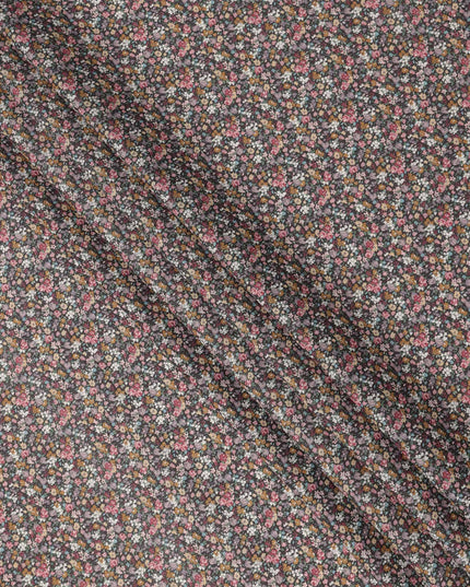Charcoal Grey Cotton Lawn Fabric with Multicolor Mini Floral Print, 110 Cms Width, Made in Japan-D24201