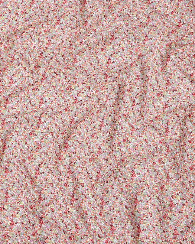 Peach Pink Cotton Lawn Fabric with Multicolor Floral Print, 110 Cms Width, Made in Japan-D24202 - Regal Fabrics