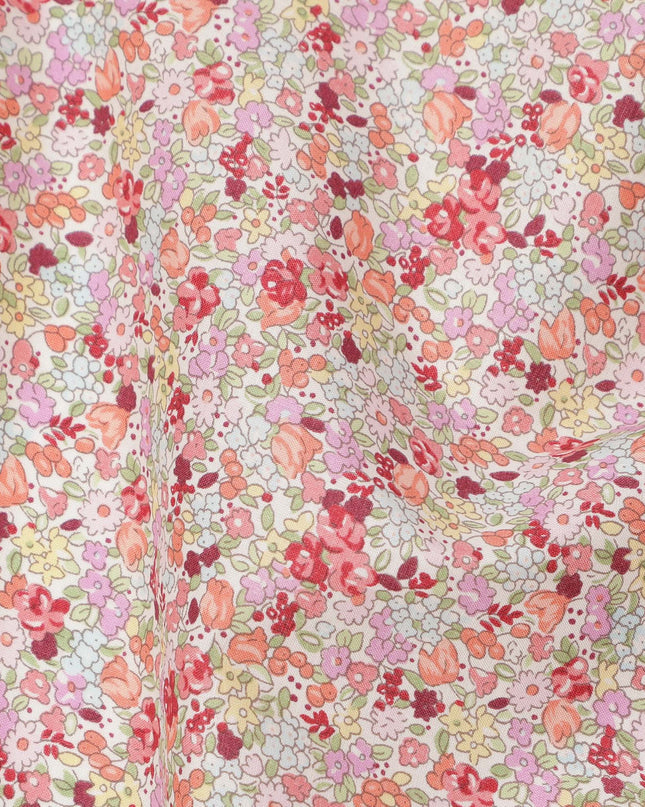 Peach Pink Cotton Lawn Fabric with Multicolor Floral Print, 110 Cms Width, Made in Japan-D24202 - Regal Fabrics